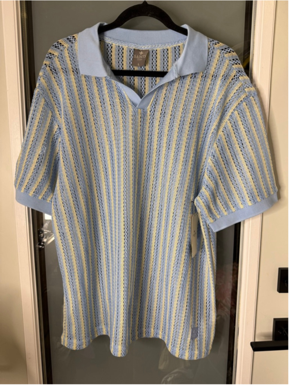 Men's SAINTS STUDIO Light Blue Ecru Striped Knit Polo Shirt L - Picture 2 of 7